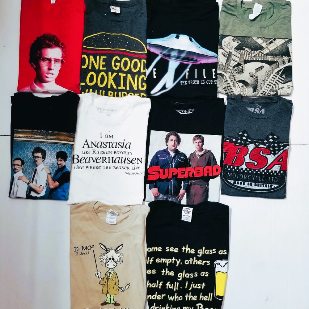 10 EXCITING NEW T-SHIRTS - (YES, 10 SHIRTS) ASSORTED T-SHIRTS; ALL SIZE MEDIUM